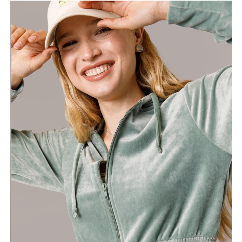 Francesca’s Mya Velour Full Zip Hoodie in Sage Green - Picture 14 of 14
